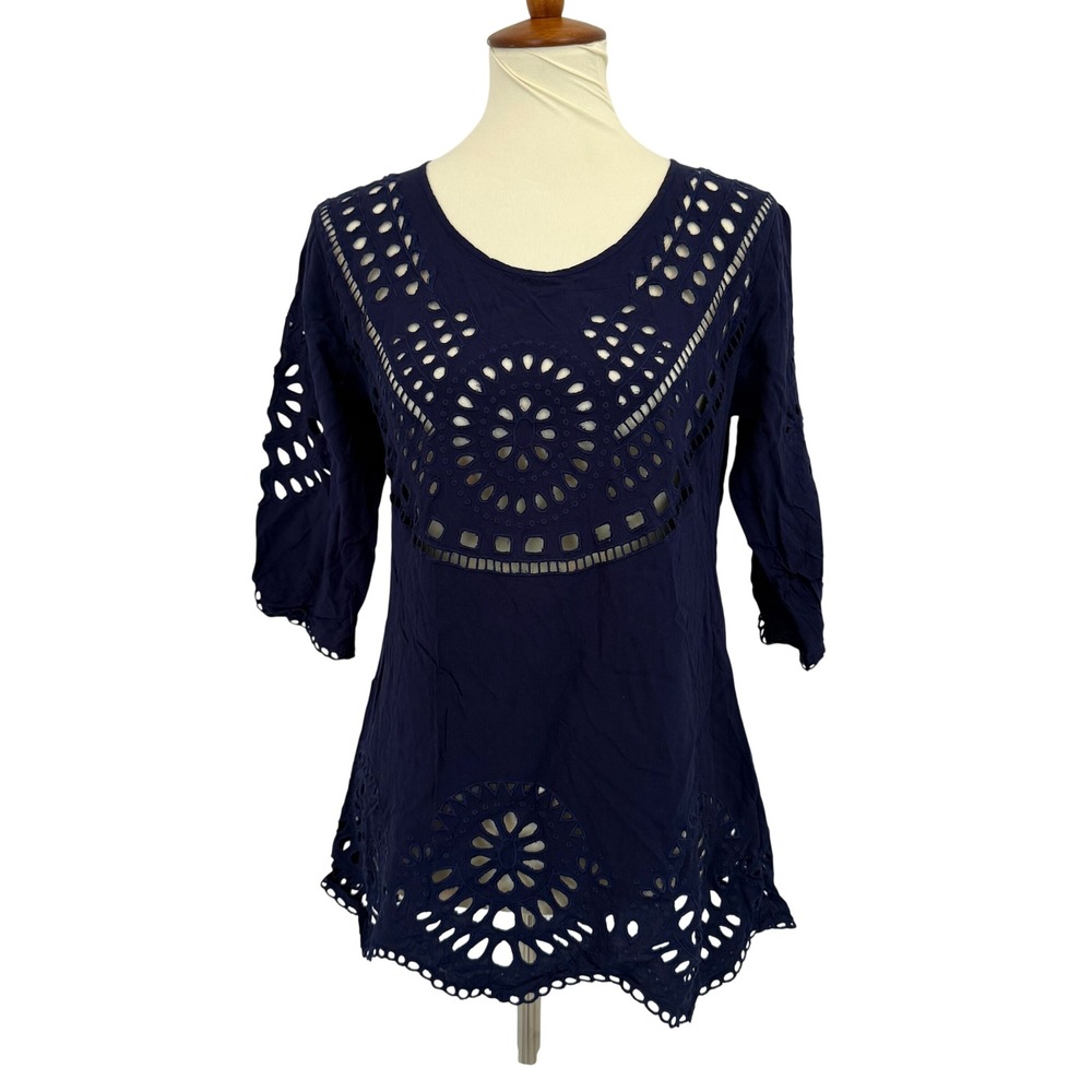 Solitaire Swim Navy Blue Eyelet Lace 3/4‎ Sleeve Tunic Top Women M Resortwear